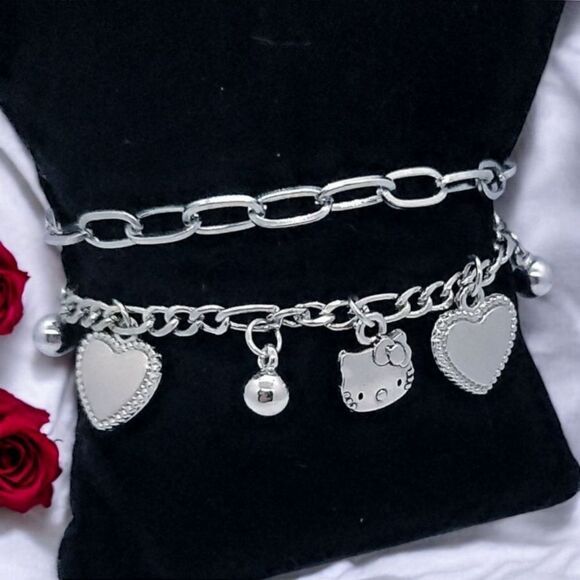 Hello Kitty Silver Stacked Link Dangle Charm Bracelet Sanrio Heart Cat Head - Picture 1 of 6
